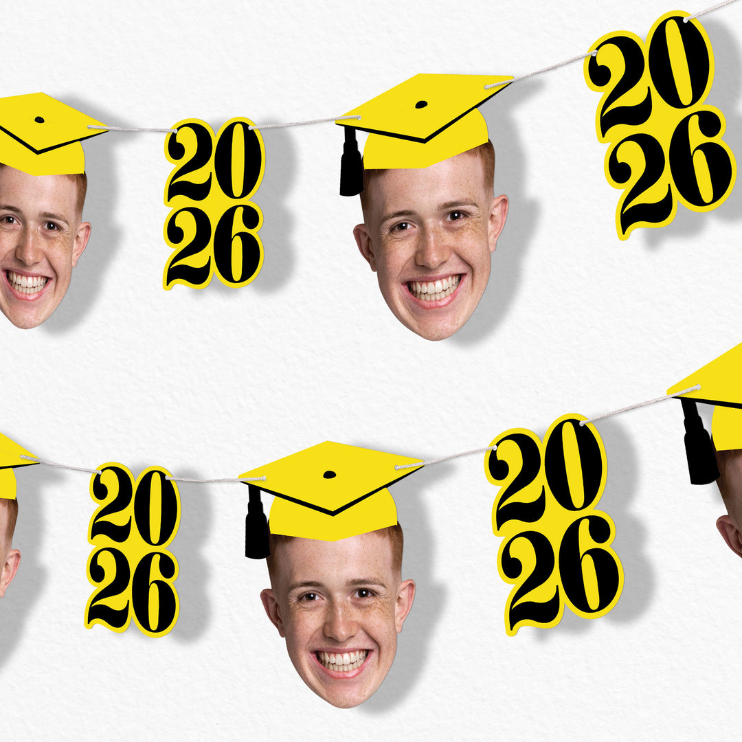Yellow graduation fun face garland banner with photo cutouts