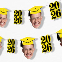 Yellow graduation fun face garland banner with photo cutouts
