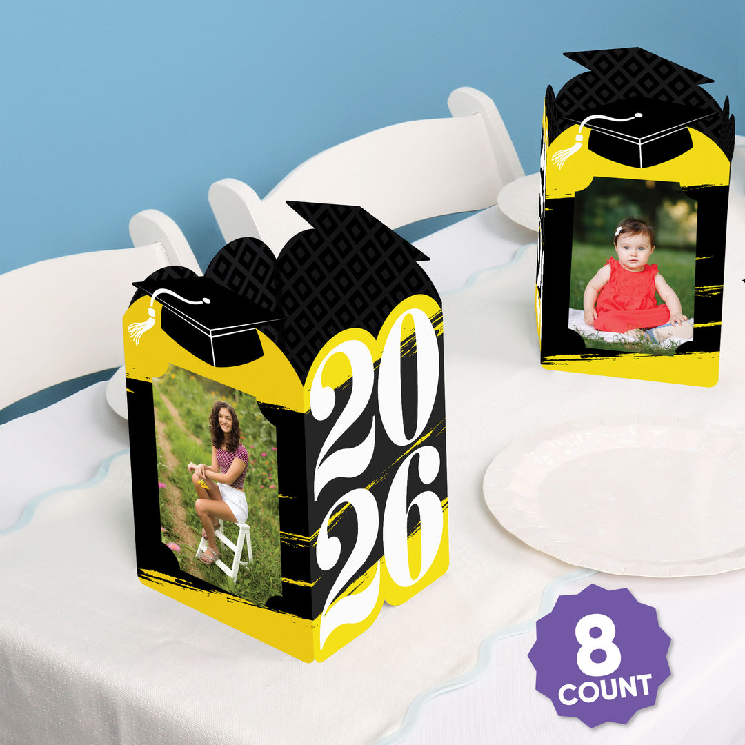 Set of 8 yellow graduation photo centerpieces included