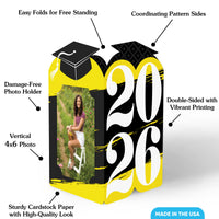 Graduation-themed photo frame with text highlighting features on a white background