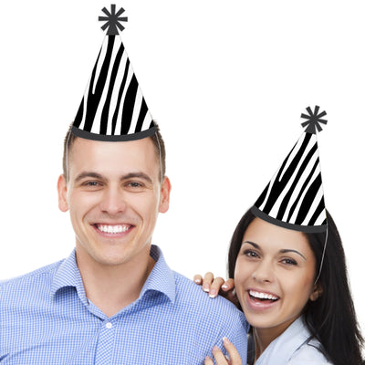 Zebra Print - Cone Happy Birthday Party Hats for Kids and Adults - Set of 8 (Standard Size)