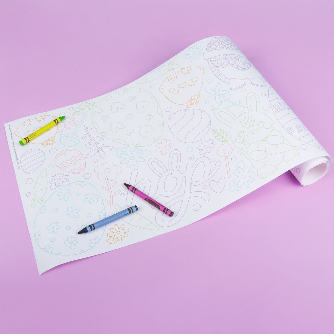 Easter Coloring paper for kids with pre-drawn shapes and two crayons on a pink background