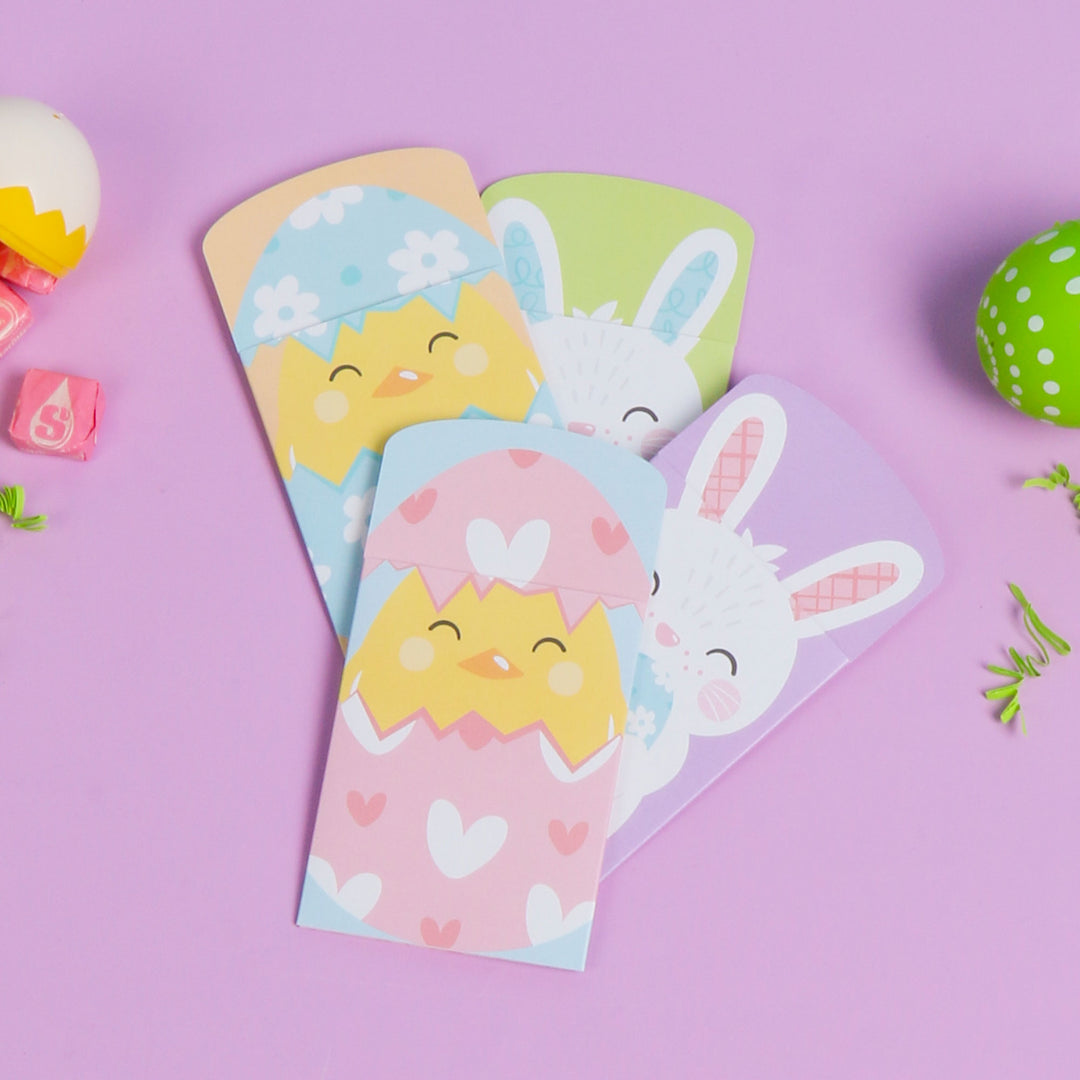 Four colorful Easter gift card basket filler with cartoon characters on a pink background