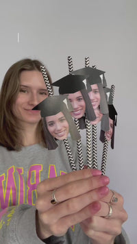 Grad Cap Fun Face Cutout Paper Straw Decor - Custom Graduation Photo Head Cut Out Striped Decorative Straws - Upload 1 Photo - Set of 24