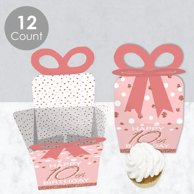 10th Pink Rose Gold Birthday - Square Favor Gift Boxes - Happy Birthday Party Bow Boxes - Set of 12