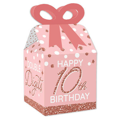 10th Pink Rose Gold Birthday - Square Favor Gift Boxes - Happy Birthday Party Bow Boxes - Set of 12