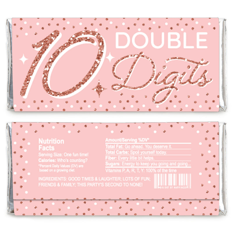 10th Pink Rose Gold Birthday - Candy Bar Wrapper Happy Birthday Party Favors - Set of 24
