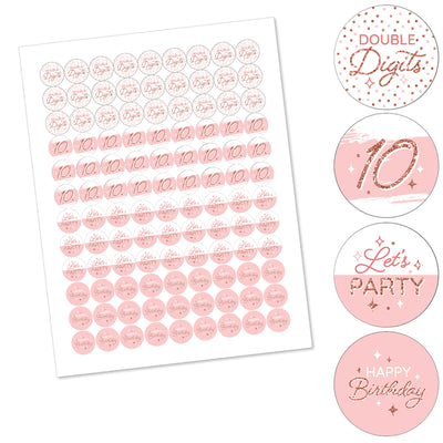 10th Pink Rose Gold Birthday - Happy Birthday Party Round Candy Sticker Favors - Labels Fit Chocolate Candy (1 sheet of 108)
