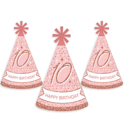 10th Pink Rose Gold Birthday - Cone Happy Birthday Party Hats for Kids and Adults - Set of 8 (Standard Size)