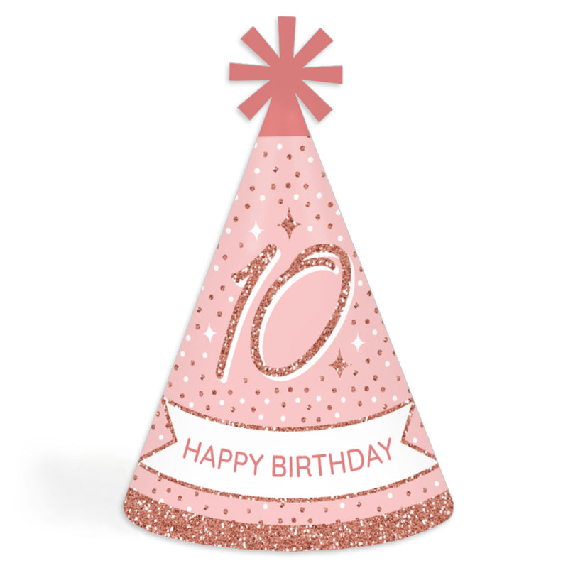 10th Pink Rose Gold Birthday - Cone Happy Birthday Party Hats for Kids and Adults - Set of 8 (Standard Size)