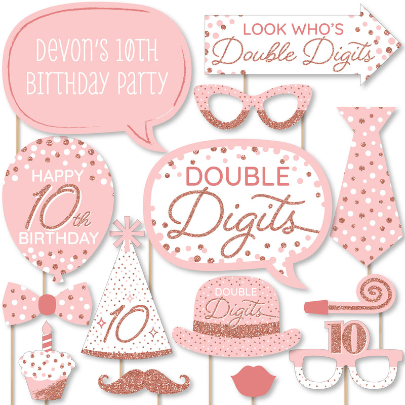 10th Pink Rose Gold Birthday - Personalized Happy Birthday Party Photo Booth Props Kit - 20 Count