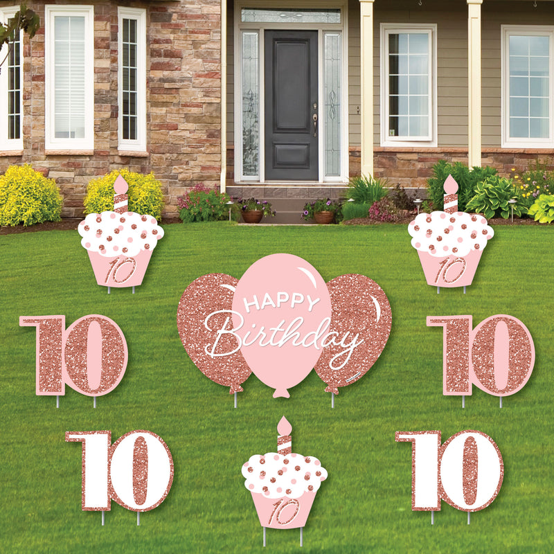 10th Pink Rose Gold Birthday - Yard Sign and Outdoor Lawn Decorations - Happy Birthday Party Yard Signs - Set of 8
