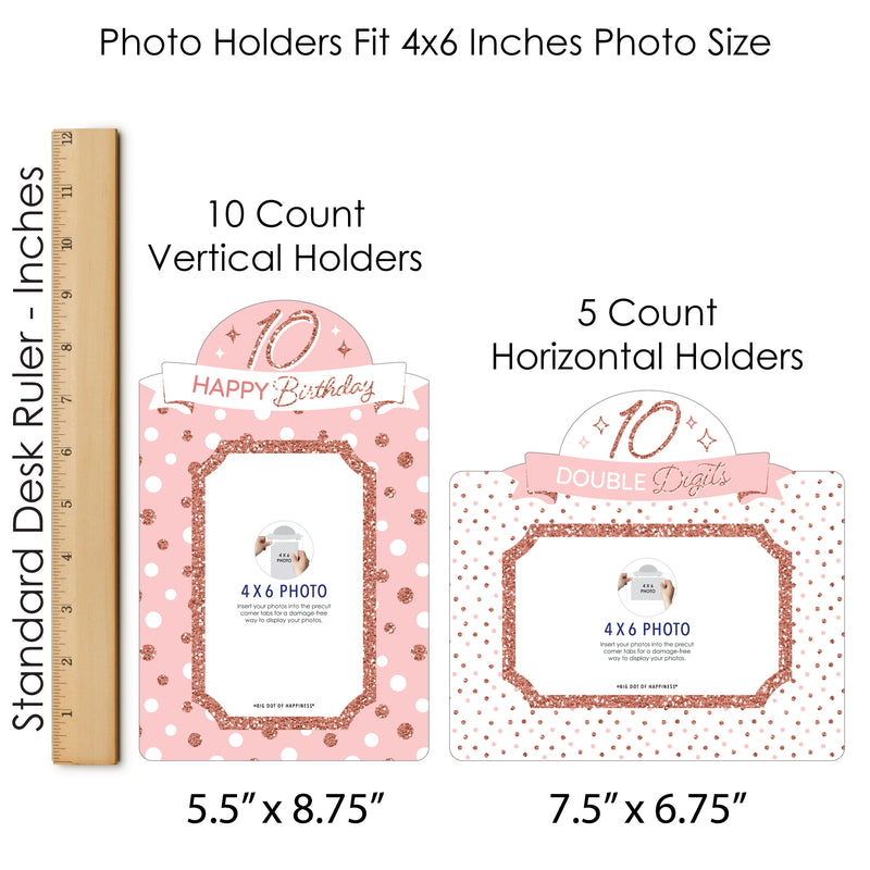 10th Pink Rose Gold Birthday - Happy Birthday Party Picture Centerpiece Sticks - Photo Table Toppers - 15 Pieces