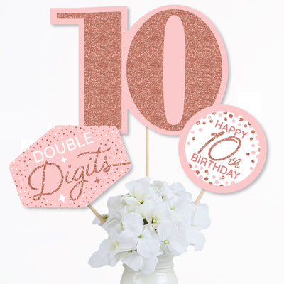 10th Pink Rose Gold Birthday - Happy Birthday Party Centerpiece Sticks - Table Toppers - Set of 15