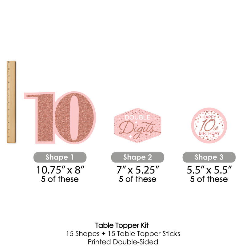 10th Pink Rose Gold Birthday - Happy Birthday Party Centerpiece Sticks - Table Toppers - Set of 15