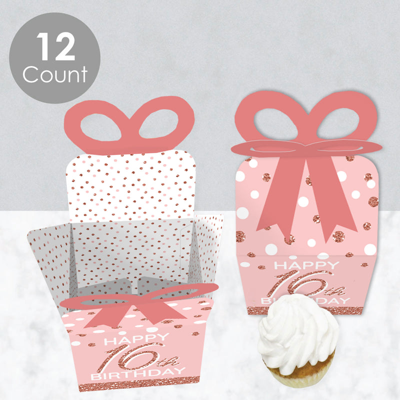 16th Pink Rose Gold Birthday - Square Favor Gift Boxes - Happy Birthday Party Bow Boxes - Set of 12