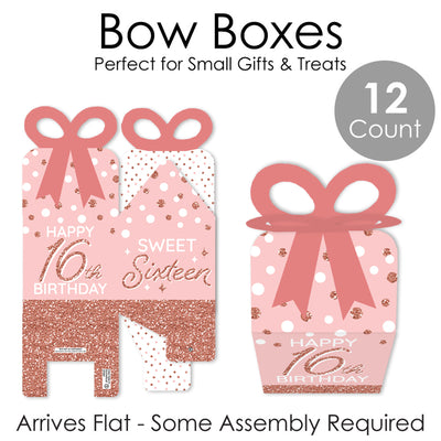 16th Pink Rose Gold Birthday - Square Favor Gift Boxes - Happy Birthday Party Bow Boxes - Set of 12