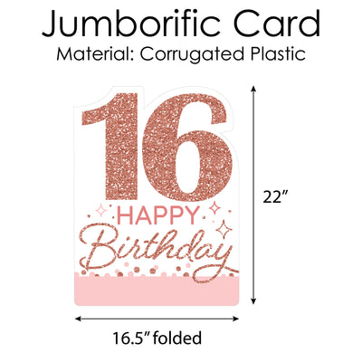16th Pink Rose Gold Birthday - Happy Birthday Giant Greeting Card - Big Shaped Jumborific Card - 16.5 x 22 inches