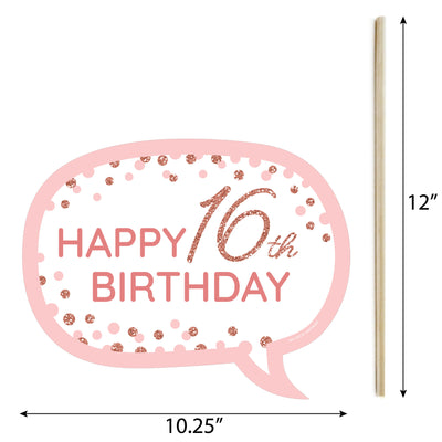 Funny 16th Pink Rose Gold Birthday - Happy Birthday Party Photo Booth Props Kit - 10 Piece