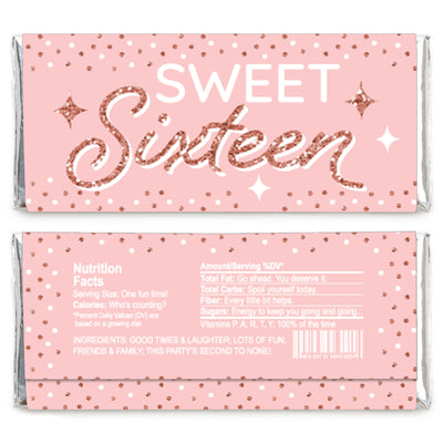 16th Pink Rose Gold Birthday - Candy Bar Wrapper Happy Birthday Party Favors - Set of 24