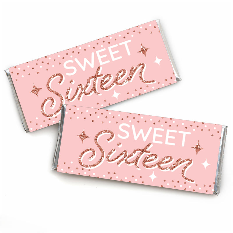 16th Pink Rose Gold Birthday - Candy Bar Wrapper Happy Birthday Party Favors - Set of 24