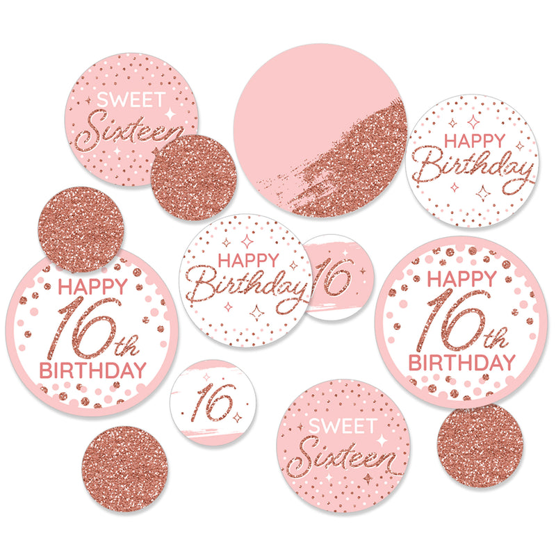 16th Pink Rose Gold Birthday - Happy Birthday Party Giant Circle Confetti - Party Decorations - Large Confetti 27 Count