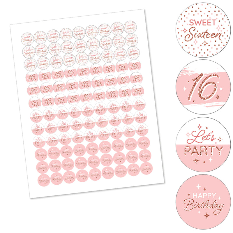 16th Pink Rose Gold Birthday - Happy Birthday Party Round Candy Sticker Favors - Labels Fit Chocolate Candy (1 sheet of 108)