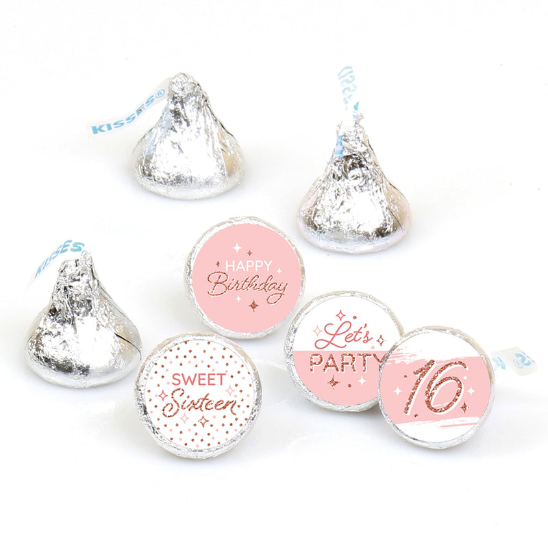 16th Pink Rose Gold Birthday - Happy Birthday Party Round Candy Sticker Favors - Labels Fit Chocolate Candy (1 sheet of 108)
