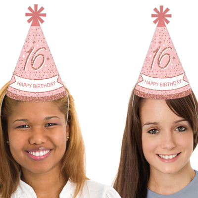 16th Pink Rose Gold Birthday - Cone Happy Birthday Party Hats for Adults - Set of 8 (Standard Size)