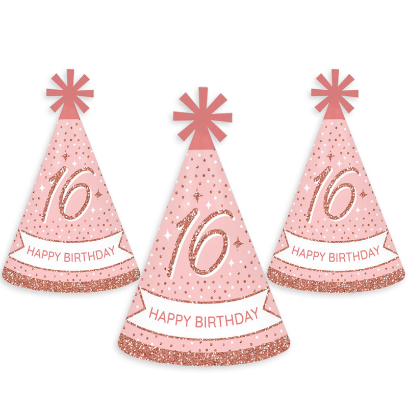 16th Pink Rose Gold Birthday - Cone Happy Birthday Party Hats for Adults - Set of 8 (Standard Size)
