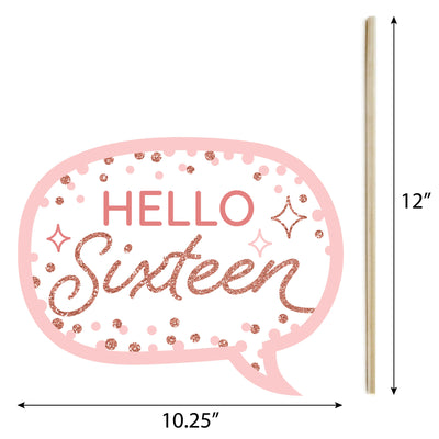 16th Pink Rose Gold Birthday - Personalized Happy Birthday Party Photo Booth Props Kit - 20 Count