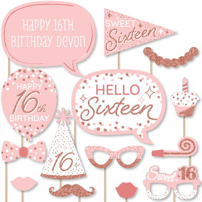 16th Pink Rose Gold Birthday - Personalized Happy Birthday Party Photo Booth Props Kit - 20 Count