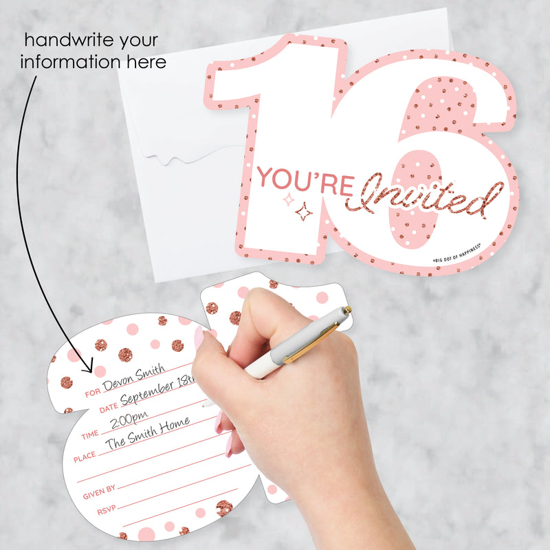 16th Pink Rose Gold Birthday - Shaped Fill-In Invitations - Happy Birthday Party Invitation Cards with Envelopes - Set of 12