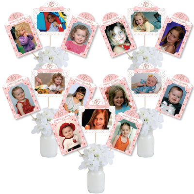 16th Pink Rose Gold Birthday - Happy Birthday Party Picture Centerpiece Sticks - Photo Table Toppers - 15 Pieces