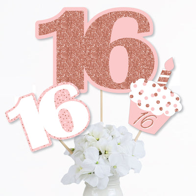 16th Pink Rose Gold Birthday - Happy Birthday Party Centerpiece Sticks - Table Toppers - Set of 15