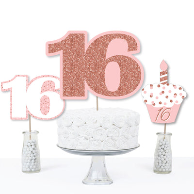 16th Pink Rose Gold Birthday - Happy Birthday Party Centerpiece Sticks - Table Toppers - Set of 15