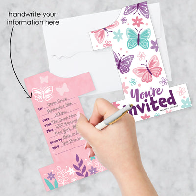 1st Birthday Beautiful Butterfly - Shaped Fill-In Invitations - Floral First Birthday Party Invitation Cards with Envelopes - Set of 12