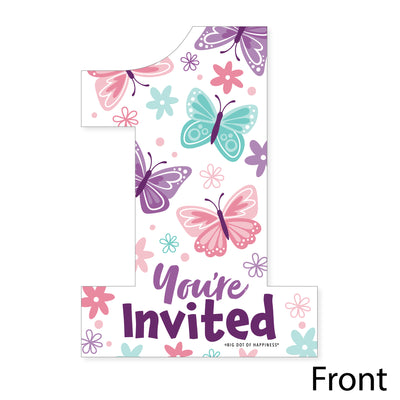 1st Birthday Beautiful Butterfly - Shaped Fill-In Invitations - Floral First Birthday Party Invitation Cards with Envelopes - Set of 12