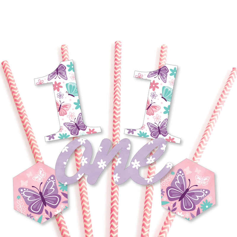 Big Dot of Happiness 1st Birthday Beautiful Butterfly - Paper Straw Decor - Floral First Birthday Party Striped Decorative Straws - Set of 24