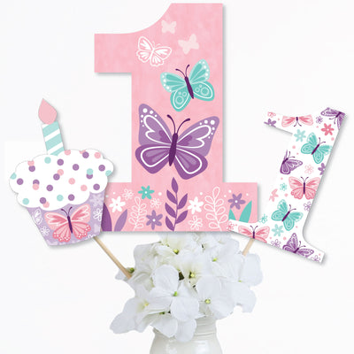 1st Birthday Beautiful Butterfly - Floral First Birthday Party Centerpiece Sticks - Table Toppers - Set of 15