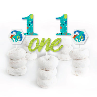 1st Birthday Roar Dinosaur - Dessert Cupcake Toppers - ONEasaurus Dino First Birthday Party Clear Treat Picks - Set of 24