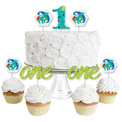 1st Birthday Roar Dinosaur - Dessert Cupcake Toppers - ONEasaurus Dino First Birthday Party Clear Treat Picks - Set of 24