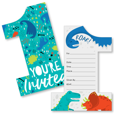 1st Birthday Roar Dinosaur - Shaped Fill-In Invitations - ONEasaurus Dino First Birthday Party Invitation Cards with Envelopes - Set of 12