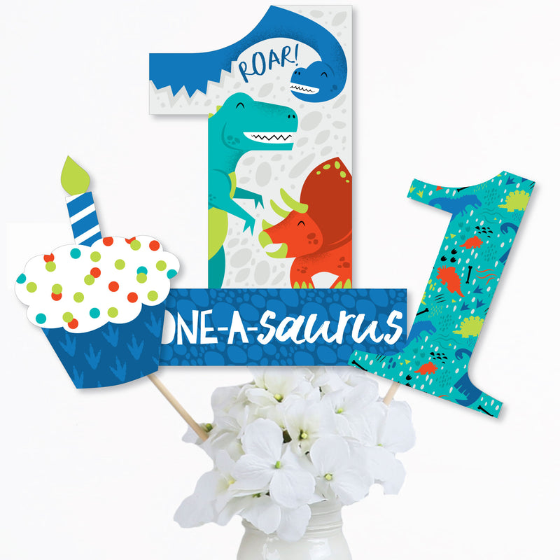 1st Birthday Roar Dinosaur - ONEasaurus Dino First Birthday Party Centerpiece Sticks - Table Toppers - Set of 15