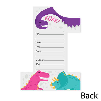 1st Birthday Roar Dinosaur Girl - Shaped Fill-In Invitations - ONEasaurus Dino First Birthday Party Invitation Cards with Envelopes - Set of 12