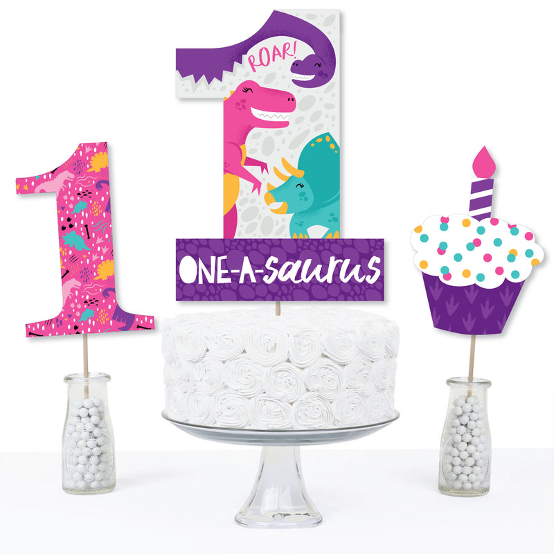 1st Birthday Roar Dinosaur Girl - ONEasaurus Dino First Birthday Party Centerpiece Sticks - Table Toppers - Set of 15