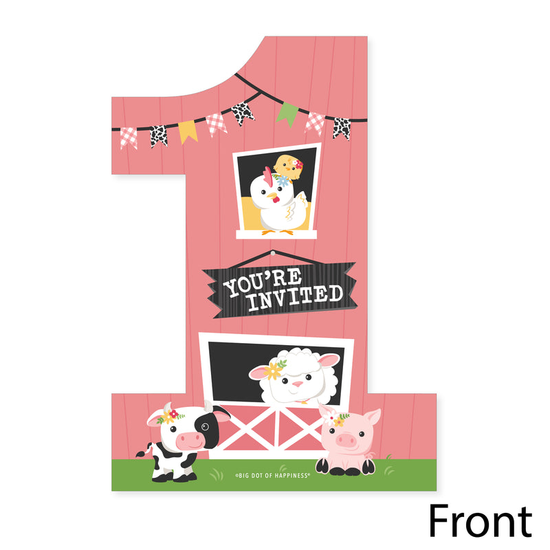 1st Birthday Girl Farm Animals - Shaped Fill-In Invitations - Pink Barnyard First Birthday Party Invitation Cards with Envelopes - Set of 12