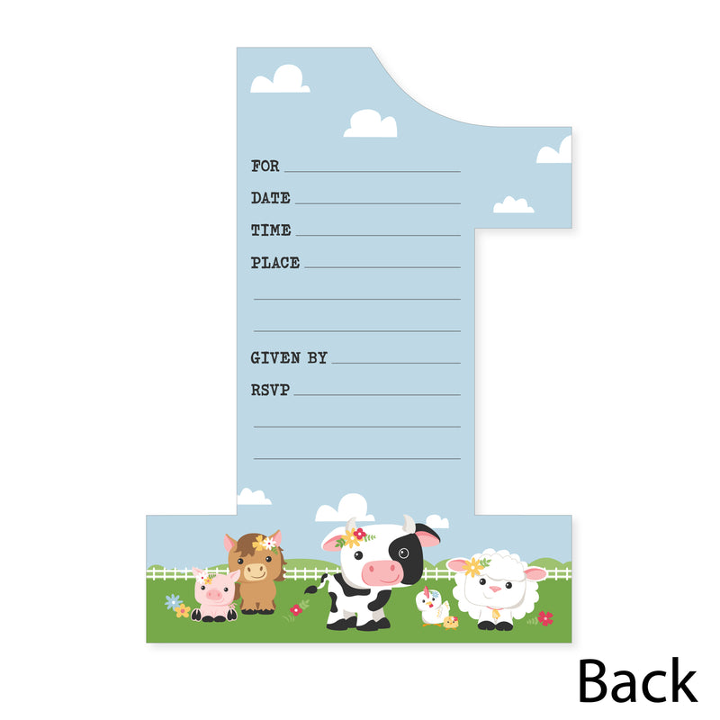 1st Birthday Girl Farm Animals - Shaped Fill-In Invitations - Pink Barnyard First Birthday Party Invitation Cards with Envelopes - Set of 12