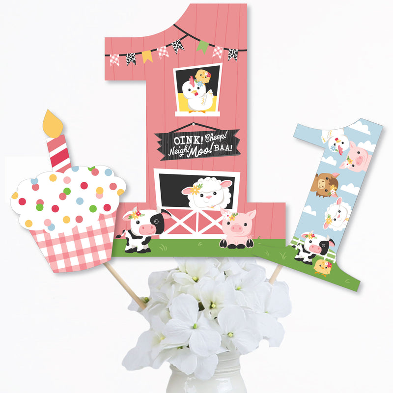 1st Birthday Girl Farm Animals - Pink Barnyard First Birthday Party Centerpiece Sticks - Table Toppers - Set of 15
