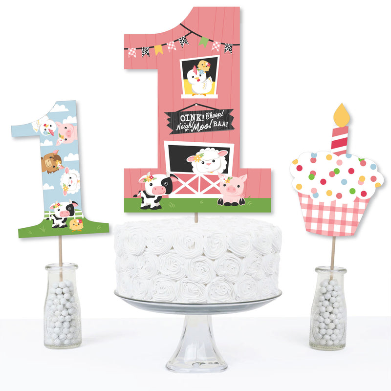1st Birthday Girl Farm Animals - Pink Barnyard First Birthday Party Centerpiece Sticks - Table Toppers - Set of 15